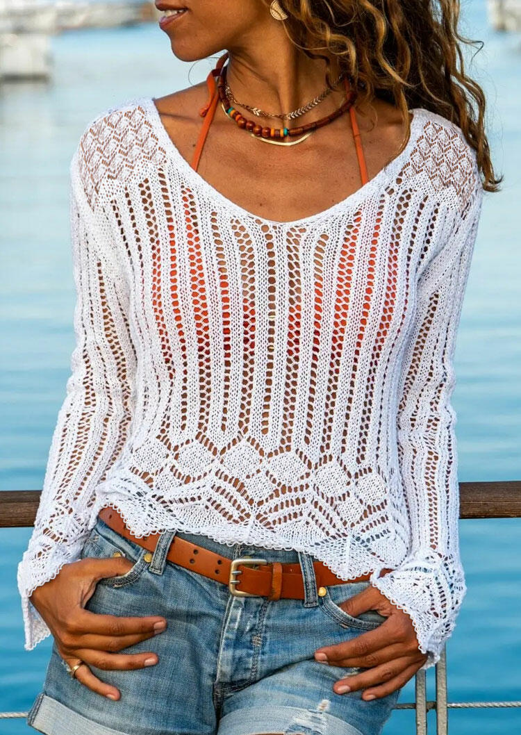 

Cover Ups Hollow Out V-Neck Knitted Cover Up in White. Size