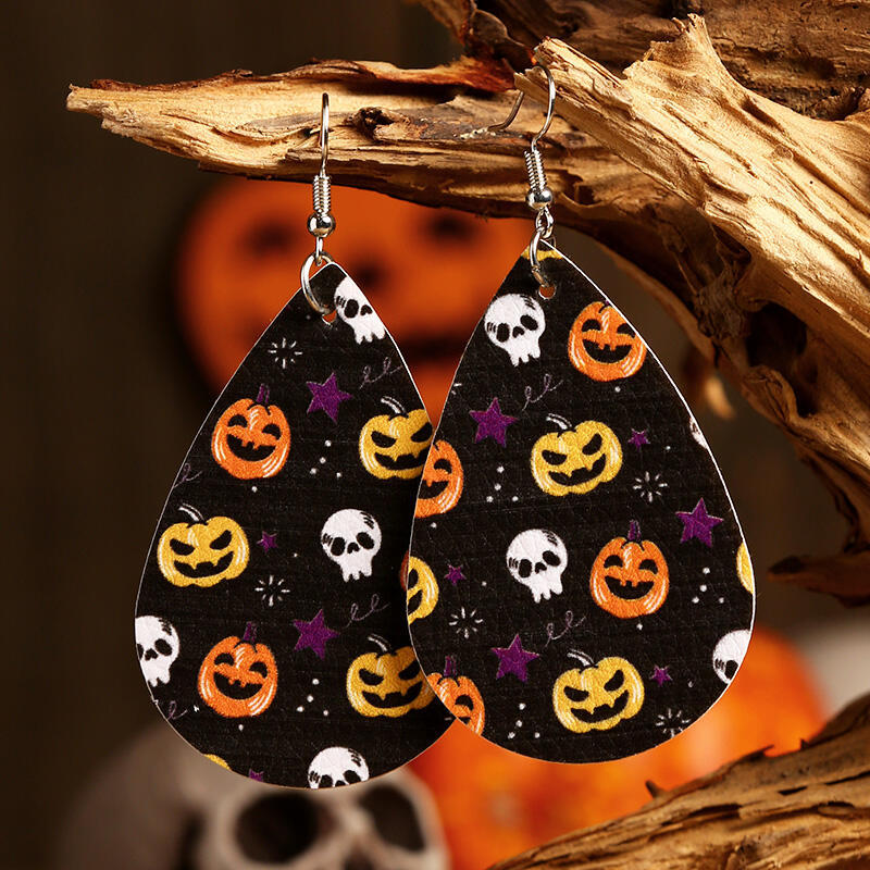 

Halloween Pumpkin Skull Star Water Drop Leather Earrings, Pattern1;pattern2;pattern3, 480197