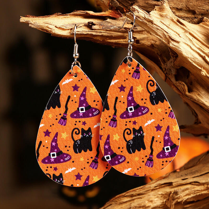 Halloween Pumpkin Skull Star Water Drop Leather Earrings