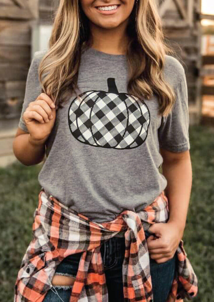 

Plaid Pumpkin O-Neck T-Shirt Tee - Gray, 480542