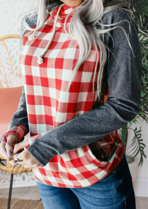 

Plaid Kangaroo Pocket Zipper Drawstring Hoodie - Red, 480620