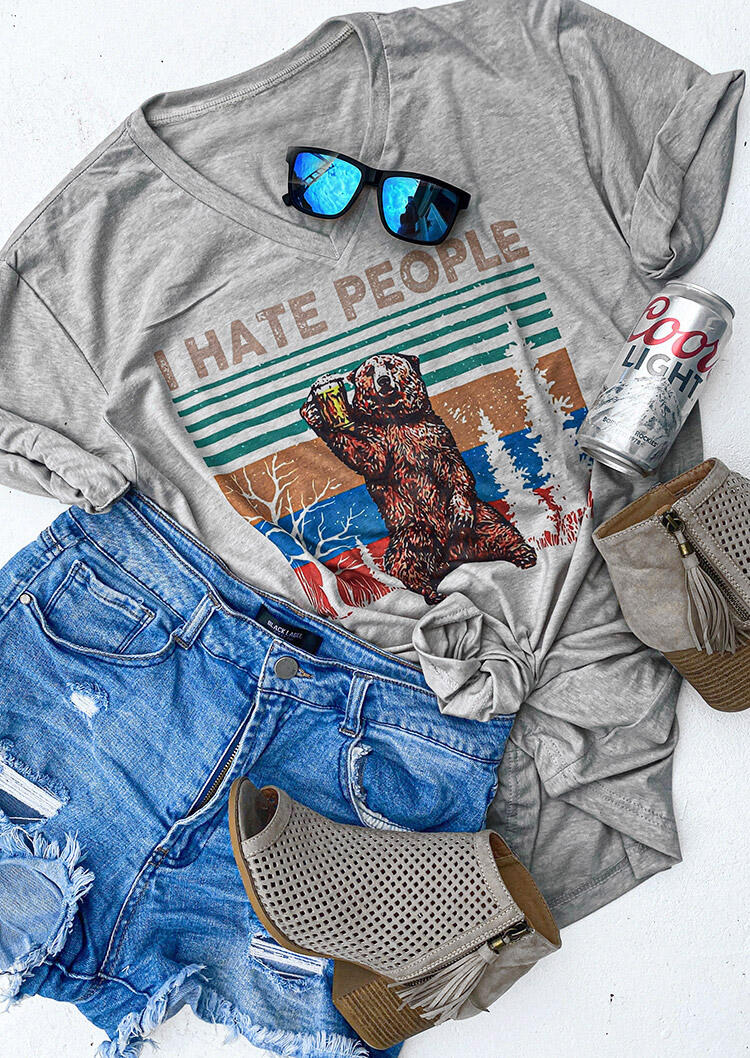 

Tees T-shirts I Hate People Bear Beer T-Shirt Tee in Gray. Size
