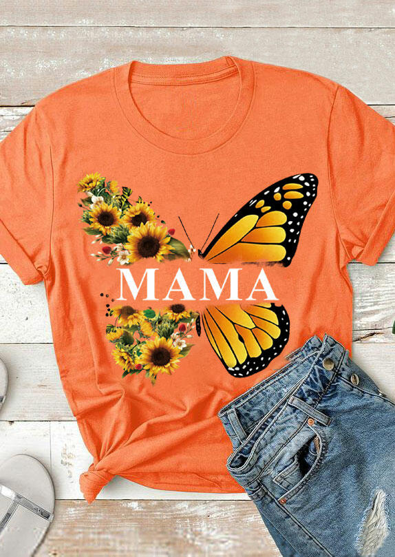 

Tees T-shirts Mama Sunflower Butterfly T-Shirt Tee in Orange. Size