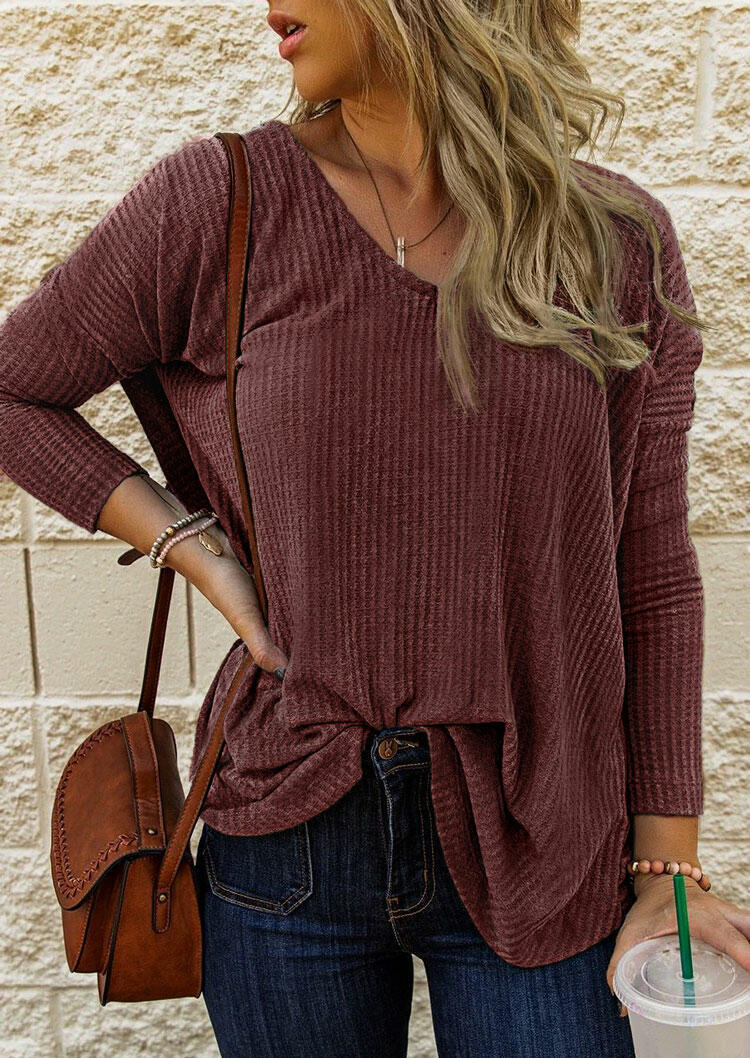Blouses Long Sleeve V-Neck Casual Blouse - Brick Red in Red. Size: L,M,S,XL
