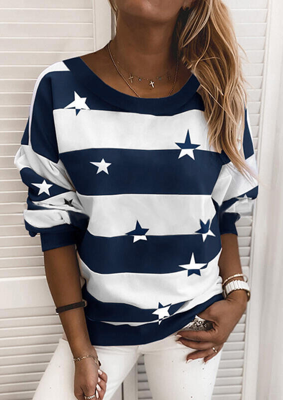 

Sweatshirts Star Striped Splicing Sweatshirt in Navy Blue. Size