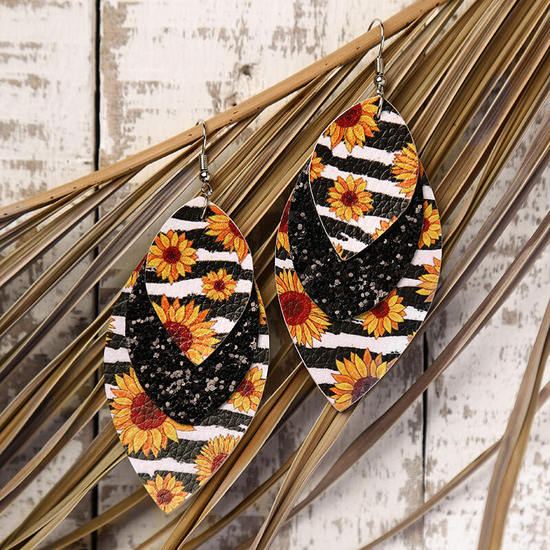 

Leopard Sunflower Sequined Leaf Multi-Layered Leather Earrings, Stripe;leopard, 480386
