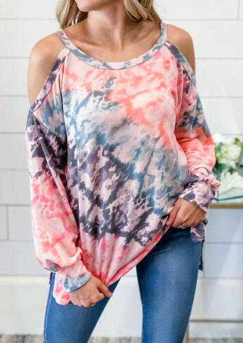 

Tie Dye Cold Shoulder Long Sleeve Blouse, Multicolor, 480431