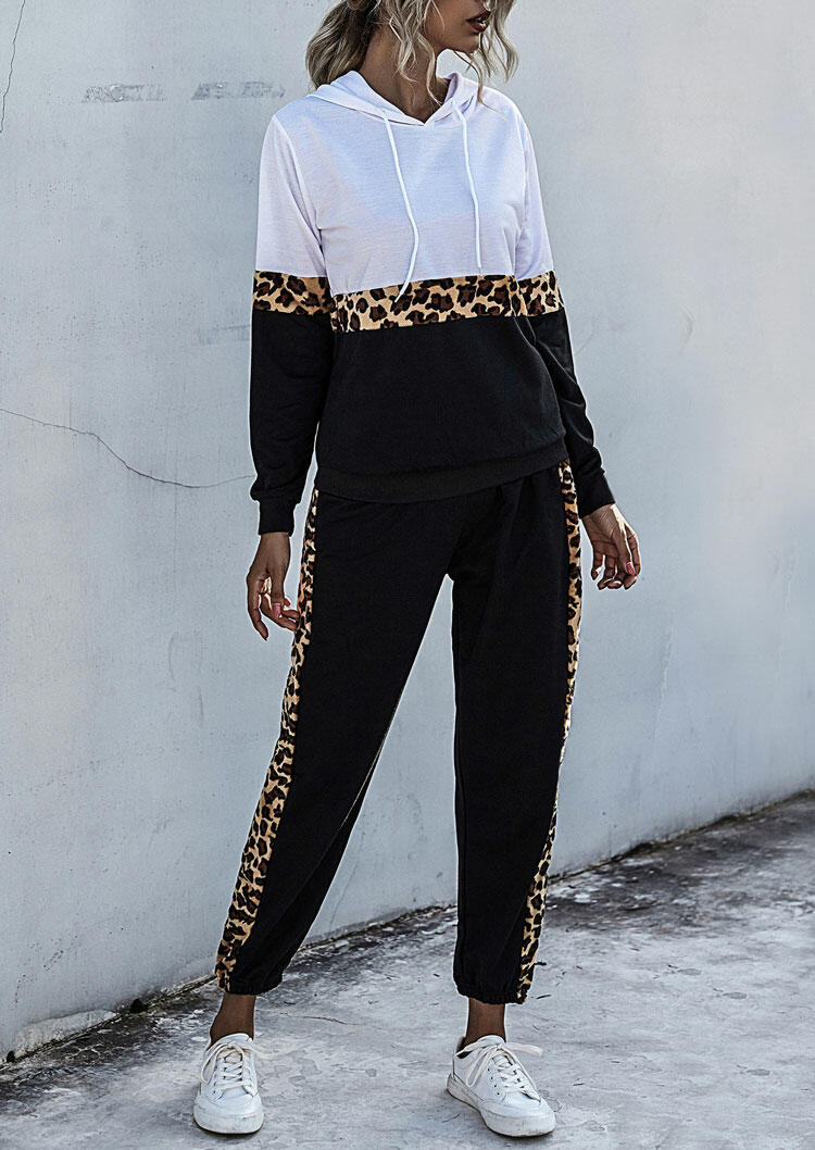 

Leopard Color Block Hoodie And Pants Two-Piece Set - Black, 480657