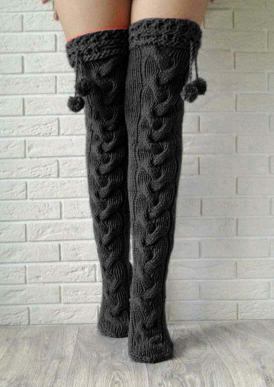 

Knee-High Socks Over Knee Knitting Thickened Hairball Socks in White. Size