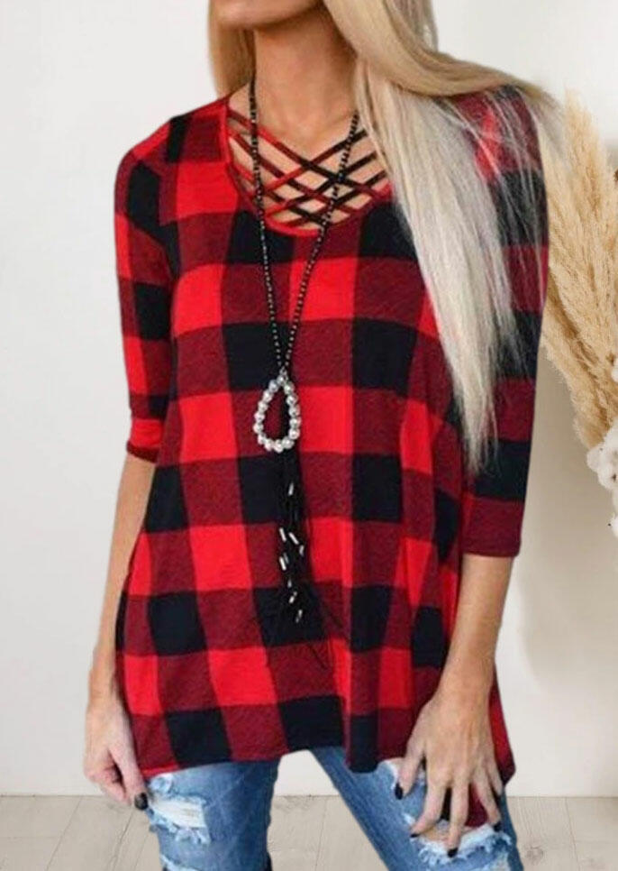 

Plaid Hollow Out Criss-Cross Blouse, 480759