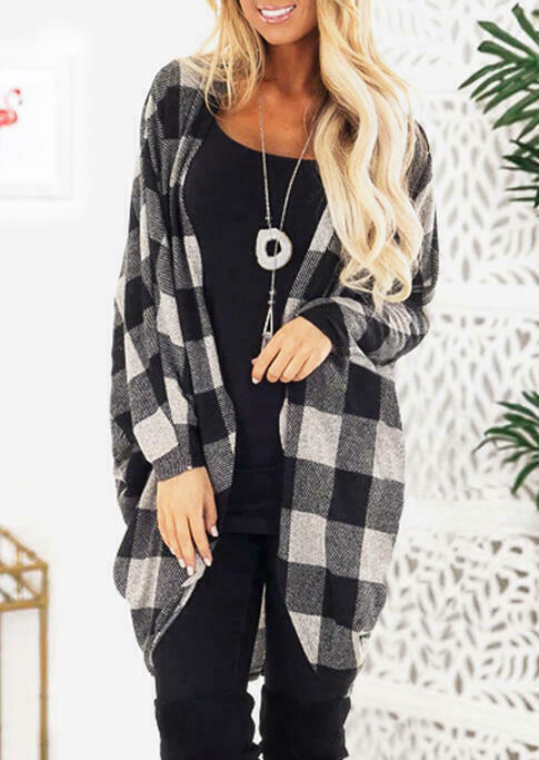 Plaid Long Sleeve Cardigan without Necklace - Red