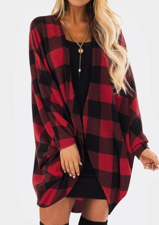 Cardigans Plaid Long Sleeve Cardigan without Necklace in White. Size: S