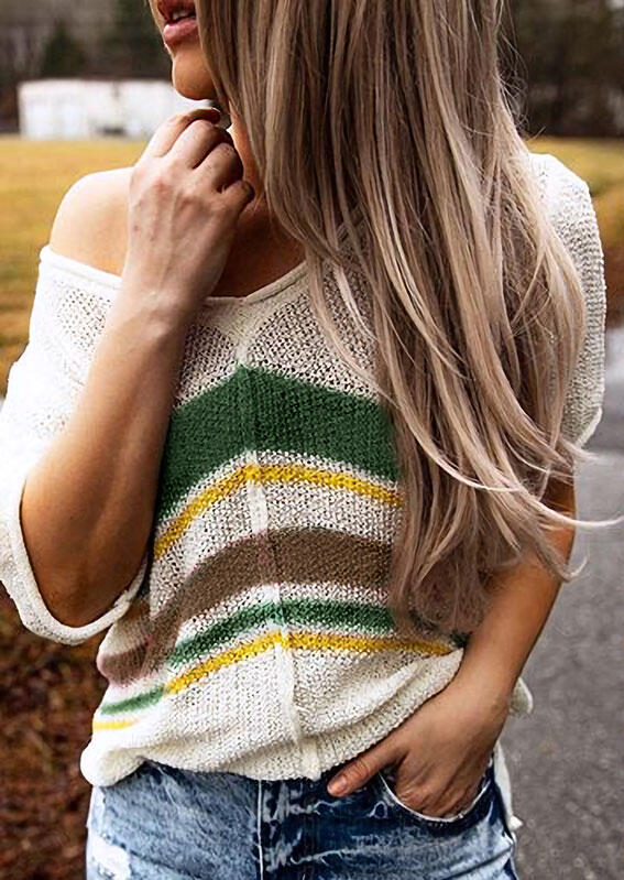 

Color Block Striped Knitted Sweater - White, 479007