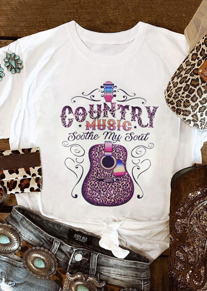

Tees T-shirts Country Music Soothe My Soul Leopard Guitar T-Shirt Tee in White. Size