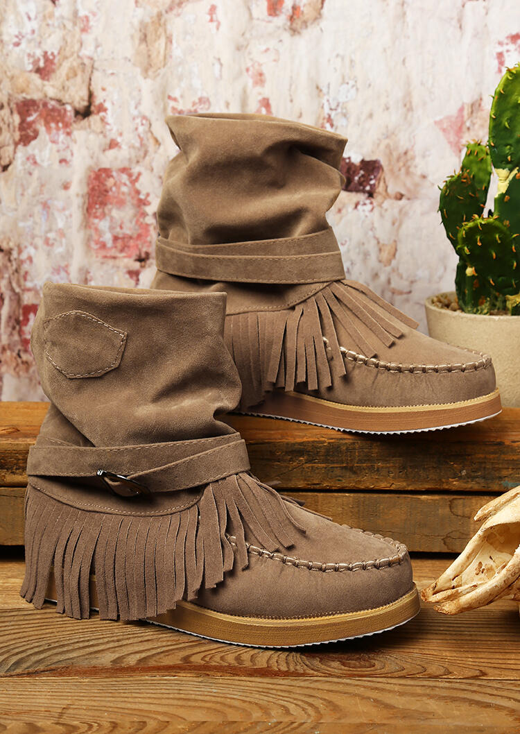 

Boots Vintage Tassel Buckle Round Toe Flat Boots in Light Coffee. Size