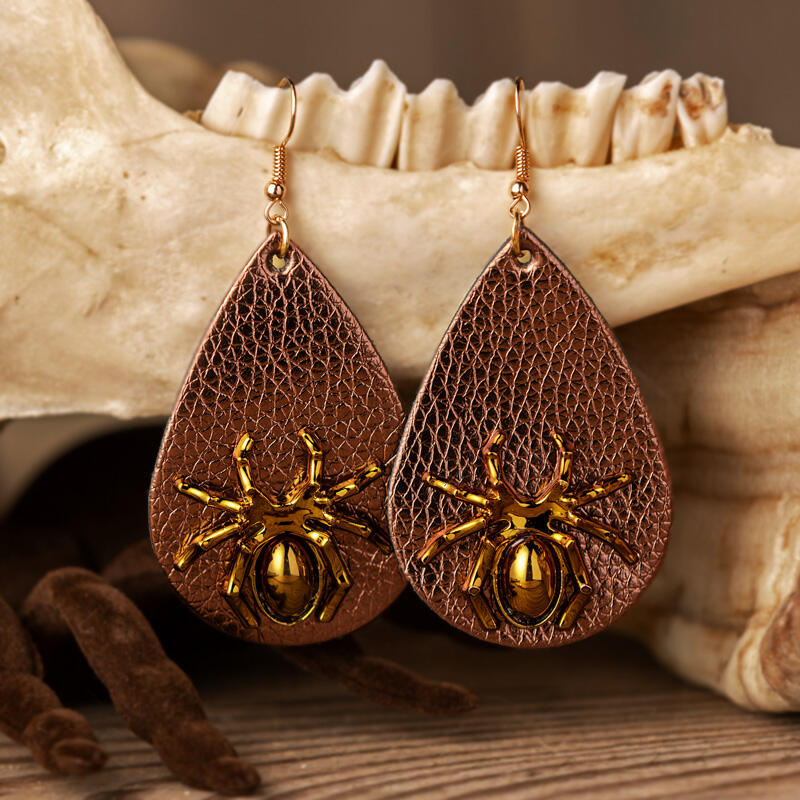 

Earrings Halloween Spider Leather Water Drop Earrings in Coffee. Size