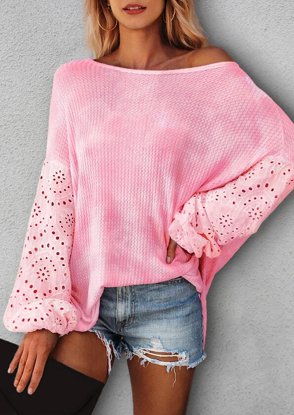 

Blouses Tie Dye Hollow Out Splicing Blouse in Pink. Size