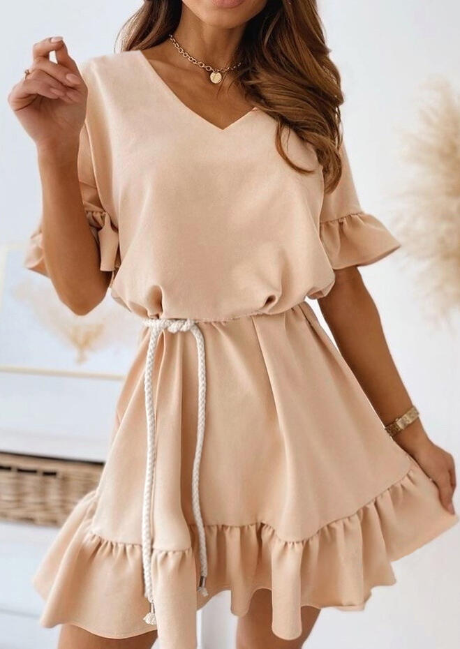 

Ruffled V-Neck Mini Dress - Khaki, 480360