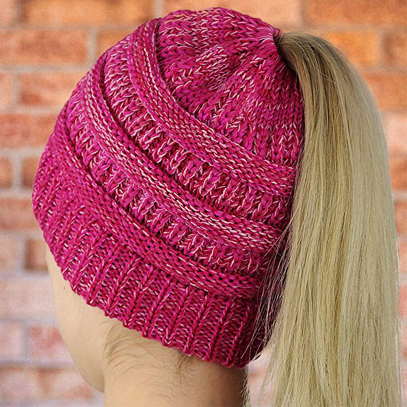 

Hats Winter Thick Knitted Ponytail Beanie Hat in Rose Red. Size