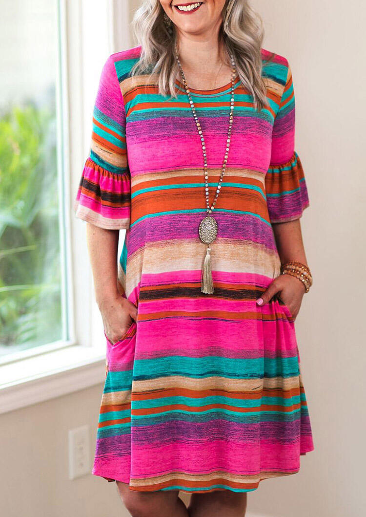 

Mini Dresses Serape Striped Ruffled Pocket Mini Dress in Multicolor. Size