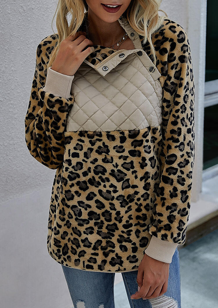 

Leopard Splicing Long Sleeve Fleece Sweatshirt, 480860