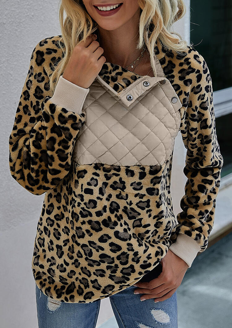 

Sweatshirts Leopard Splicing Long Sleeve Fleece Sweatshirt in Leopard. Size