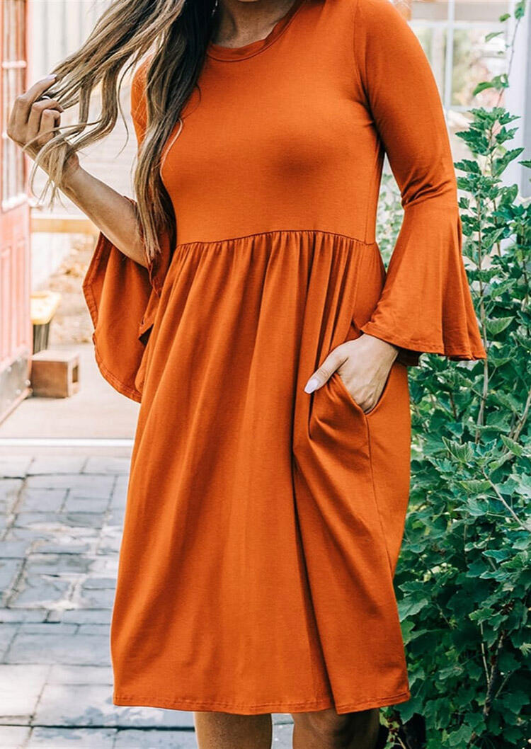 

Presale - Ruffled Pocket Flare Sleeve Loose Casual Dress - Orange, 480886