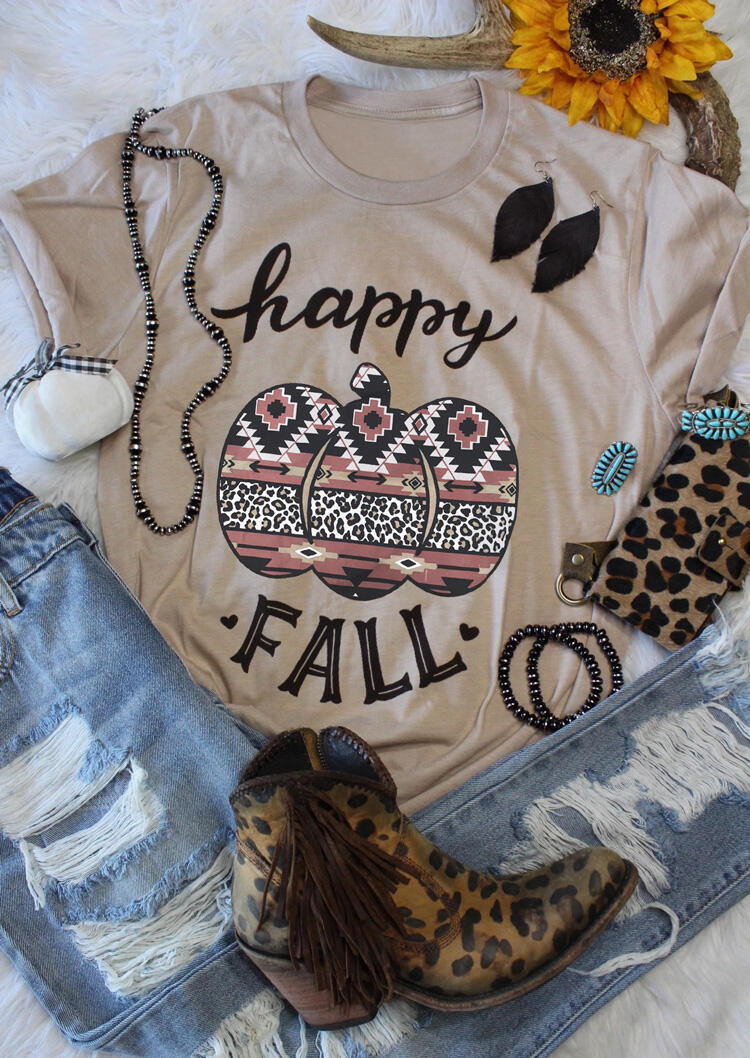 

Thanksgiving Leopard Pumpkin Aztec Geometric T-Shirt Tee - Khaki, 480627