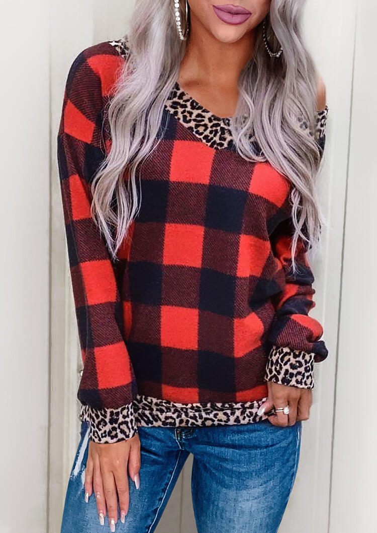 Plaid Leopard Splicing Long Sleeve Blouse