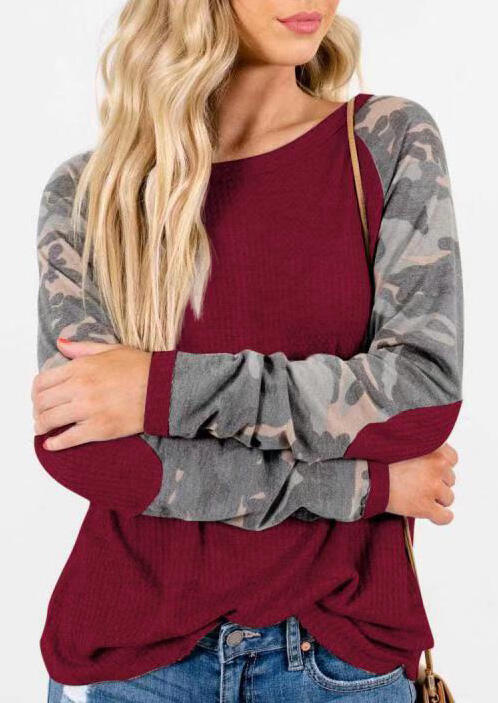 

Camouflage Color Block Splicing Blouse - Burgundy, 480841