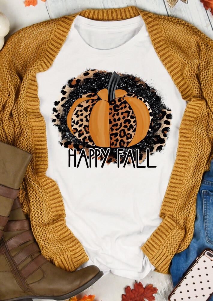 

T-shirts Tees Happy Fall Leopard Pumpkin T-Shirt Tee in White. Size: ,M