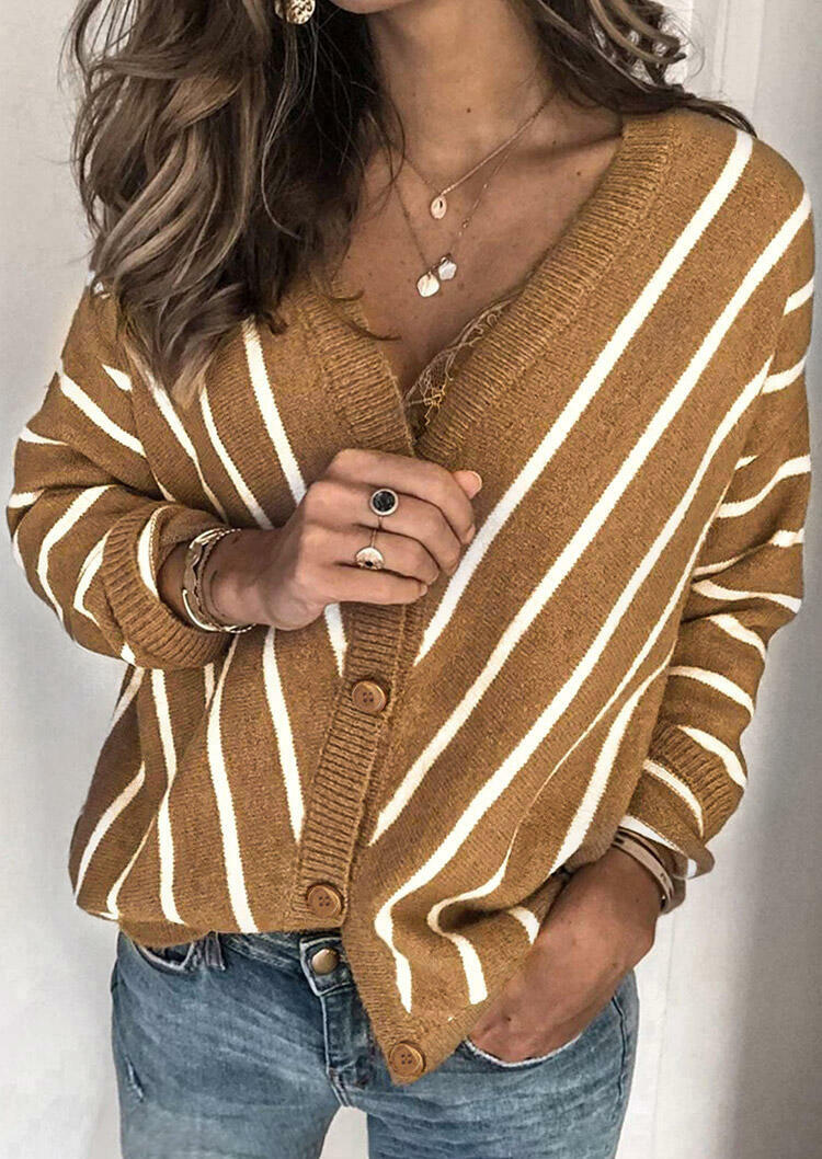 

Sweaters Striped Splicing Button V-Neck Knitted Sweater in Khaki. Size