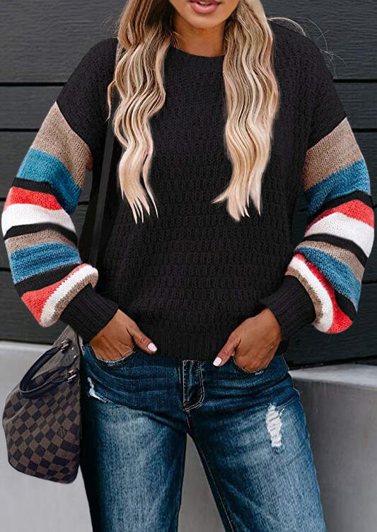 

Sweaters Colorful Serape Striped Splicing Knitted Sweater in Black. Size