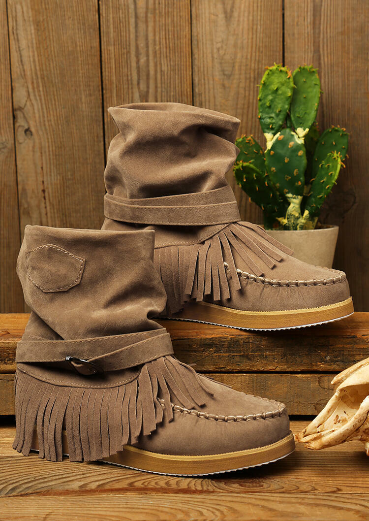 Vintage Tassel Buckle Round Toe Flat Boots Light Coffee