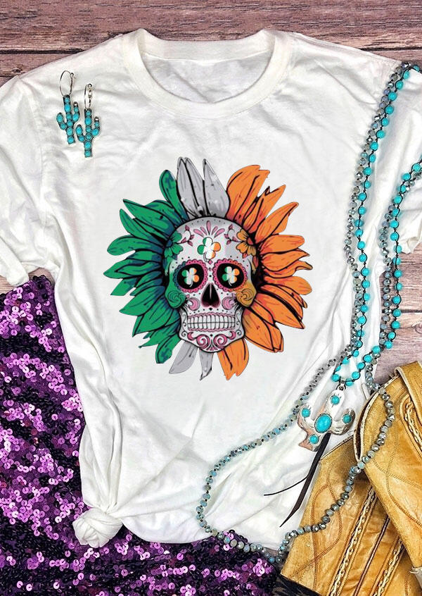 

Day Of The Dead Sunflower Lucky Shamrock Skull T-Shirt Tee - White, 480654