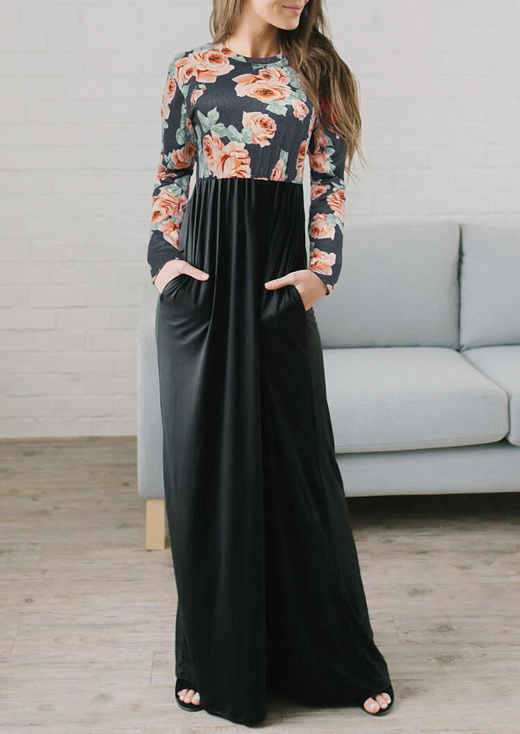 

Floral Splicing Pocket Maxi Dress - Black, 480681