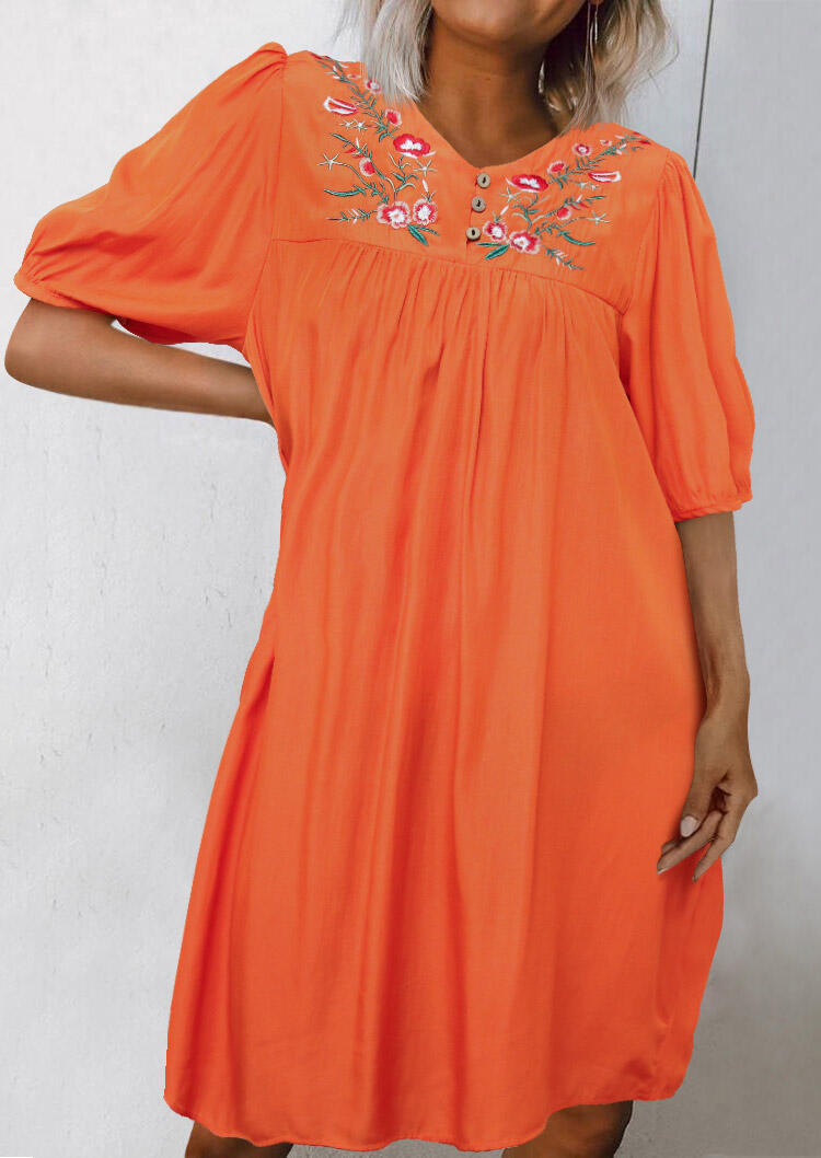 

Embroidered Floral Ruffled Button Mini Dress - Orange, 480822