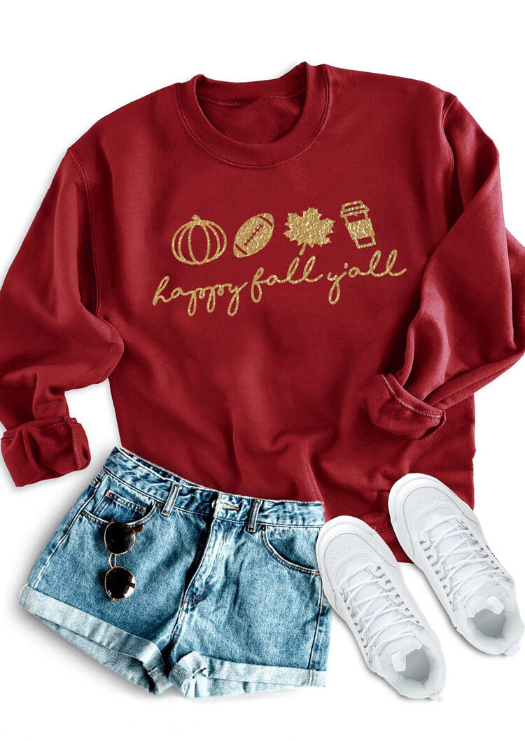 

Sweatshirts Thanksgiving Pumpkin Happy Fall Football Drink Leaf Sweatshirt- Red in Red. Size