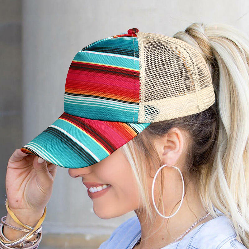 

Serape Rainbow Striped Criss-Cross Mesh Splicing Baseball Cap, Multicolor, 481223