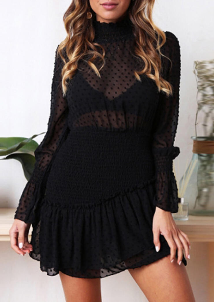 

Presale - Ruffled Mesh Splicing See-Through Mini Dress - Black, 481321