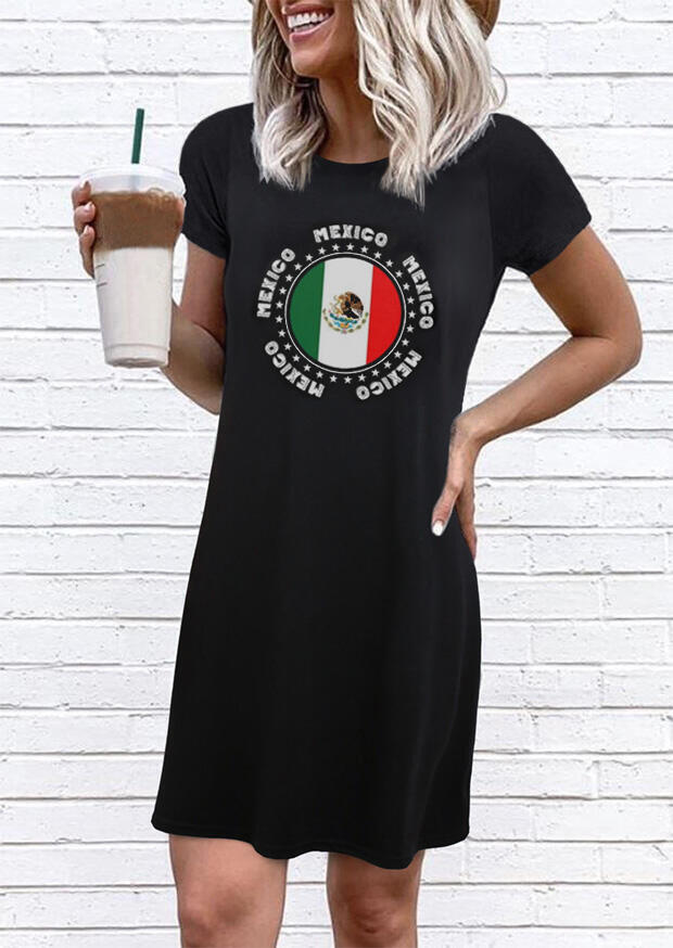 

Mexican Flag O-Neck Mini Dress - Black, 481341