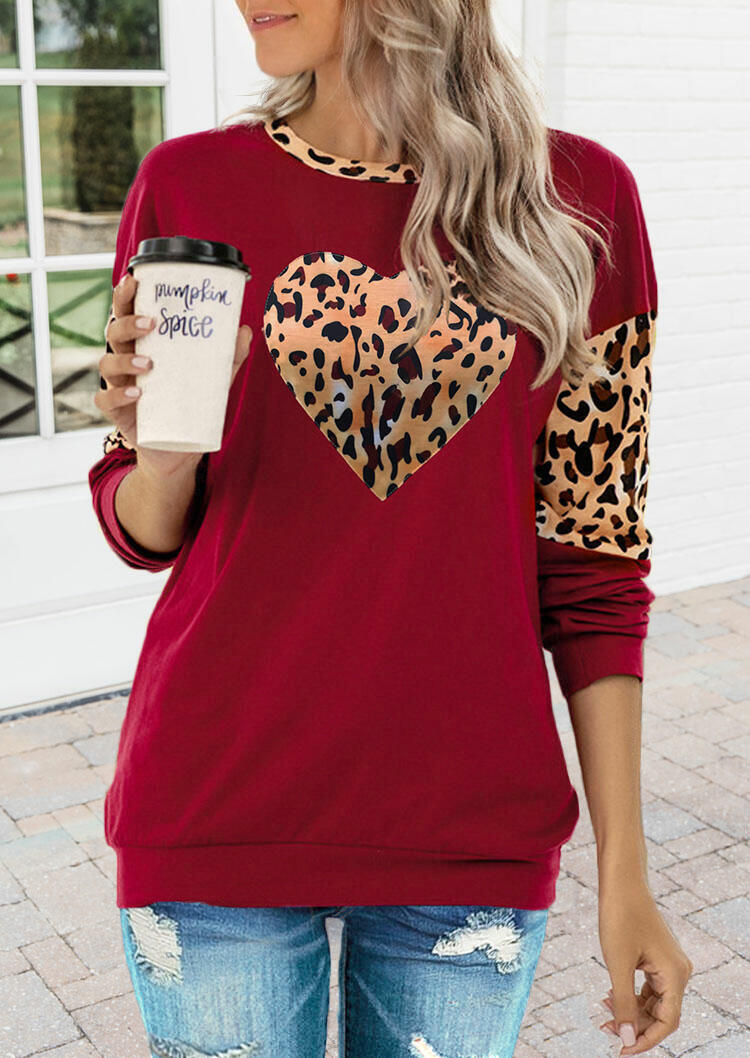 Leopard Heart Splicing T-Shirt Tee - Red, 479342