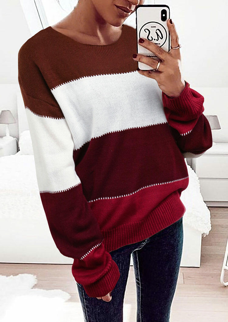

Color Block O-Neck Knitted Loose Sweater, Multicolor, 480389