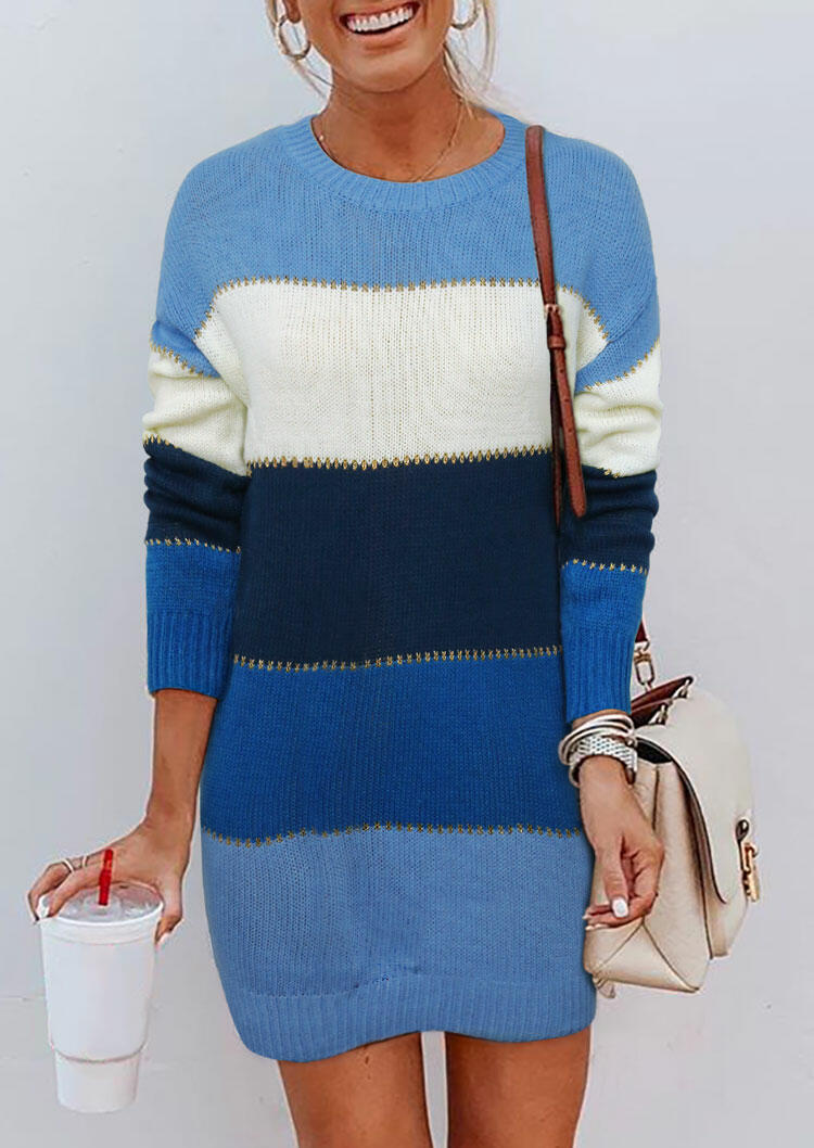 

Color Block Knitted Long Sleeve Sweater Mini Dress, Multicolor, 480668