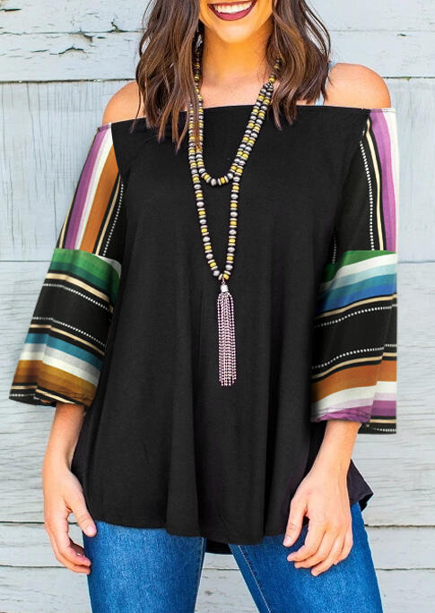 

Blouses Serape Striped Splicing Off Shoulder Blouse in Black. Size