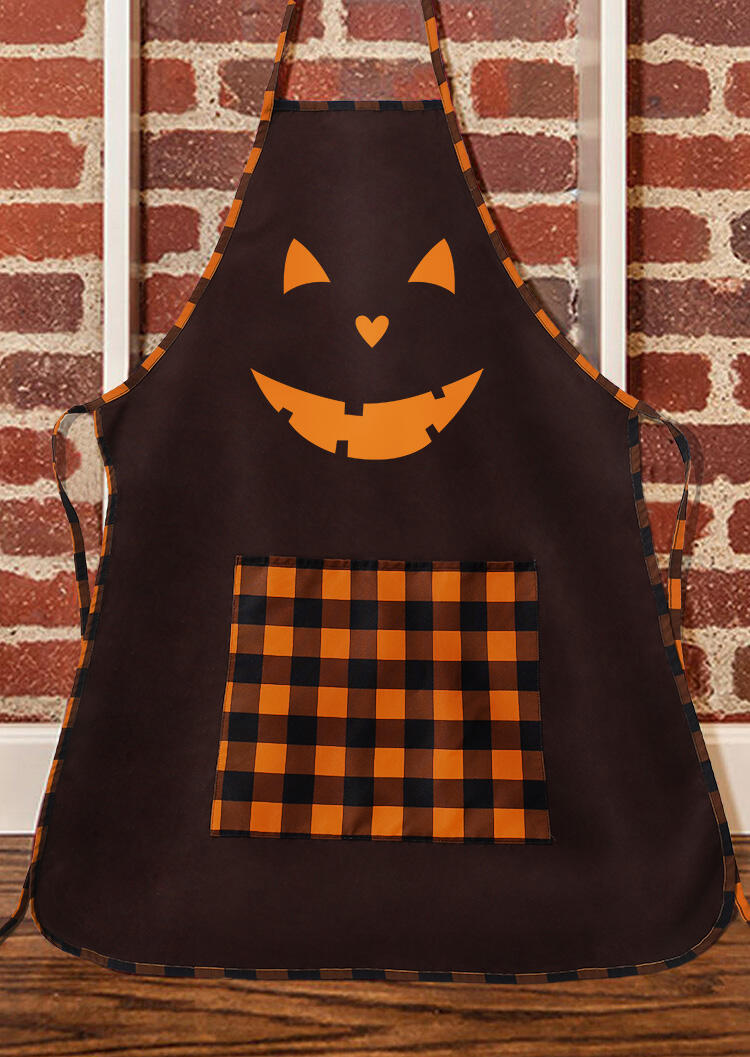 

Halloween Plaid Jack O'Lantern Pocket Apron in Brown. Size