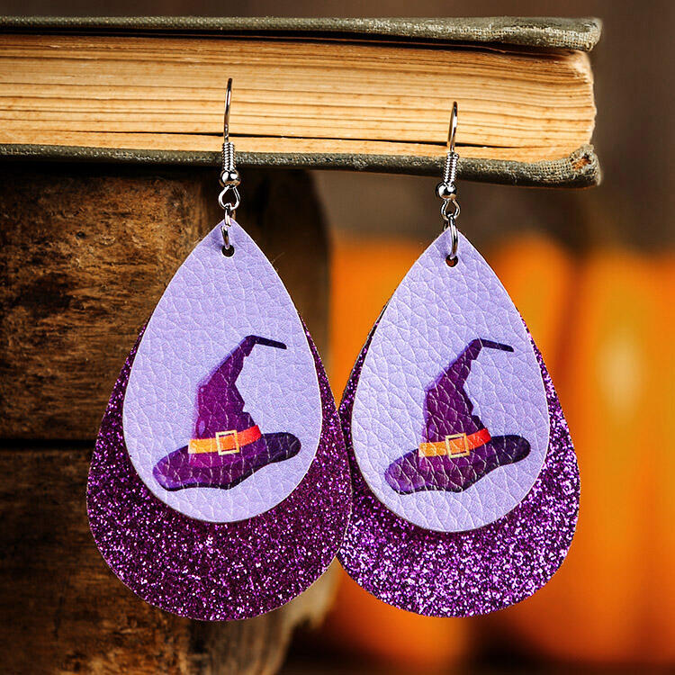 

Halloween Cobweb Witch Hat Sequined Dual-Layered Earrings, Black;purple, 480816