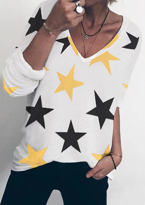 

Tees T-shirts Star V-Neck Casual T-Shirt Tee in White. Size: ,XL