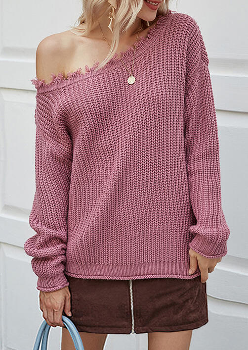 

Sweaters Tassel Edge Slash Neck Pullover Sweater in Light Purple. Size