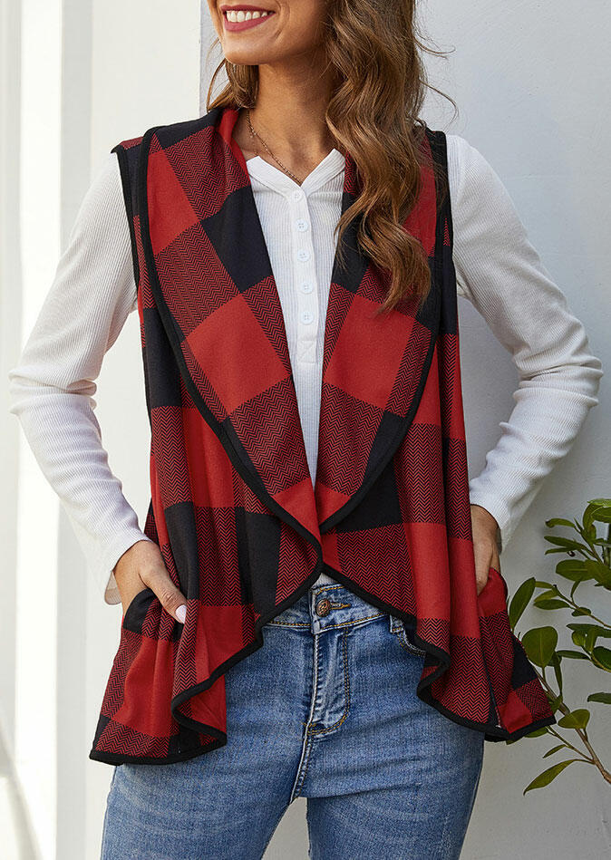 

Buffalo Plaid Pocket Asymmetric Lapel Vest Cardigan - Red, 481503
